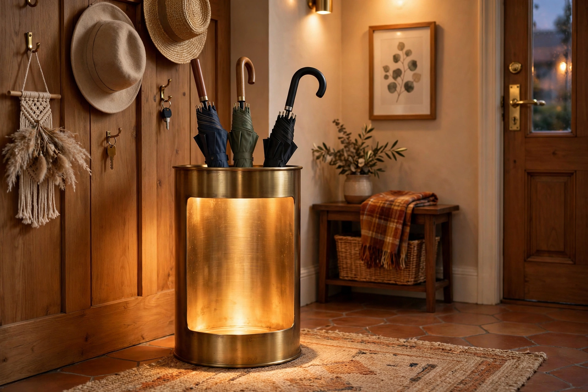 Brushed brass umbrella stand glowing in a warm toned entryway