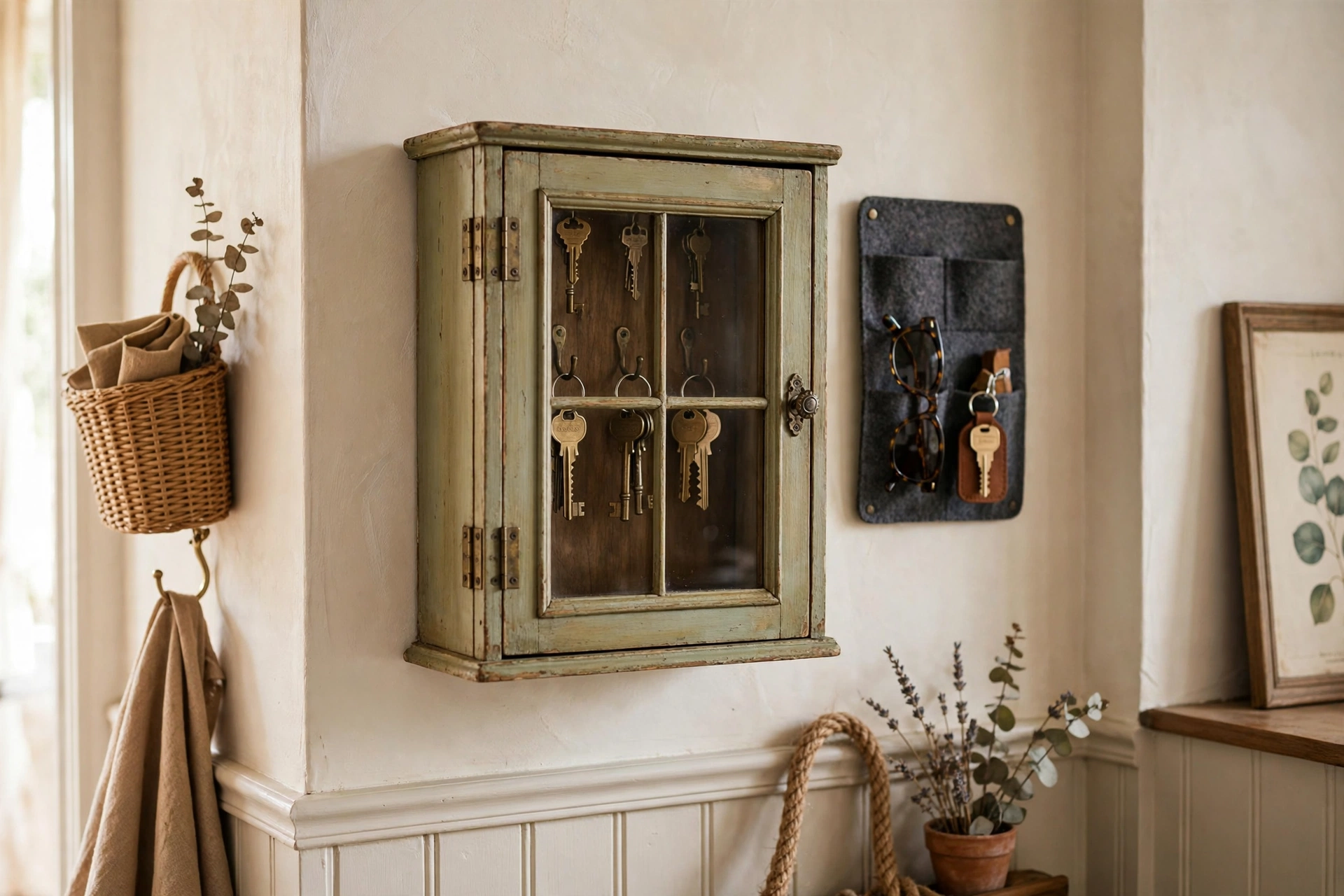 Small vintage style key cabinet with a glass door on an entryway wall
