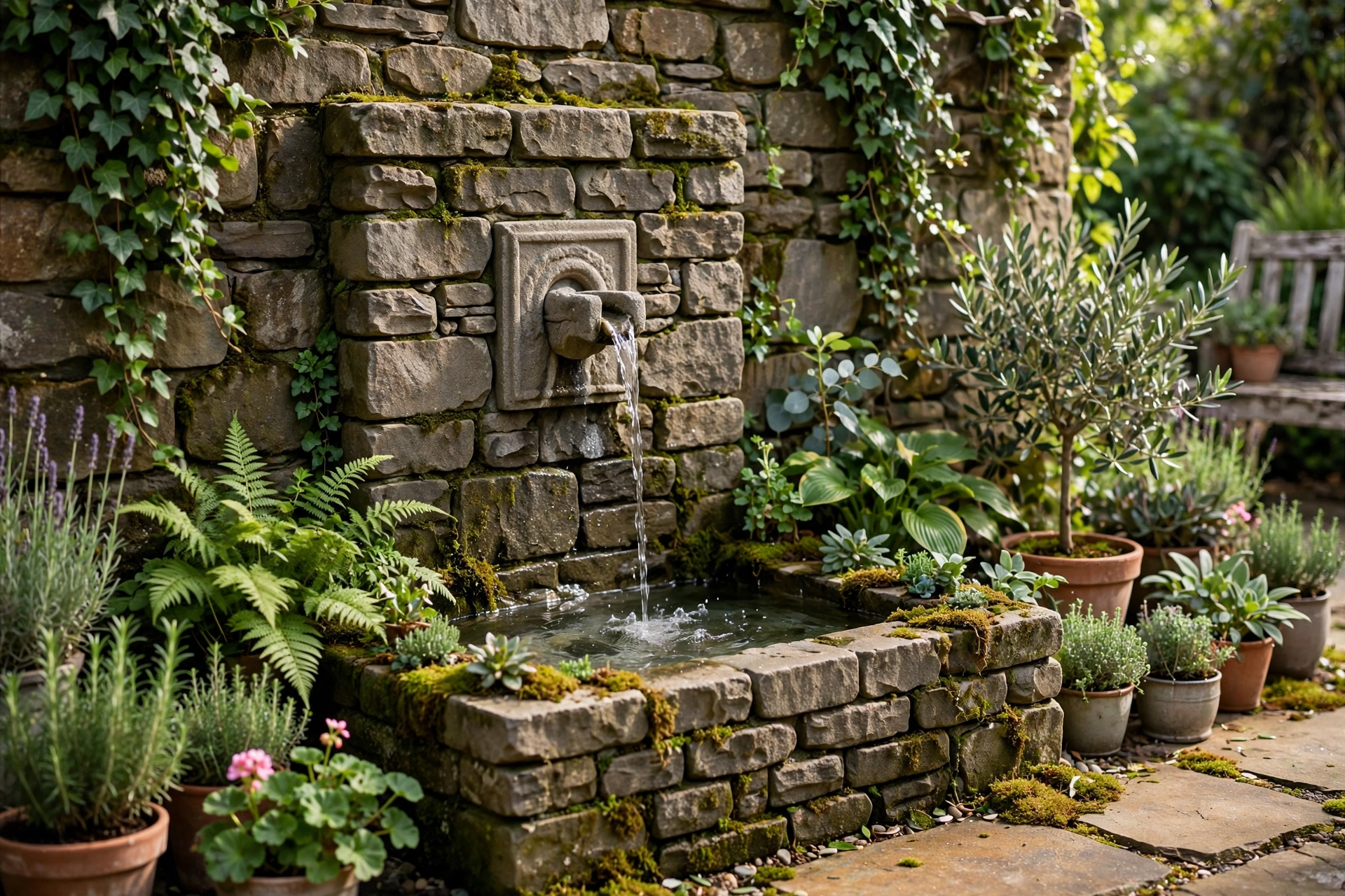 Stone wall fountain with flowing water mounted on a patio garden wall