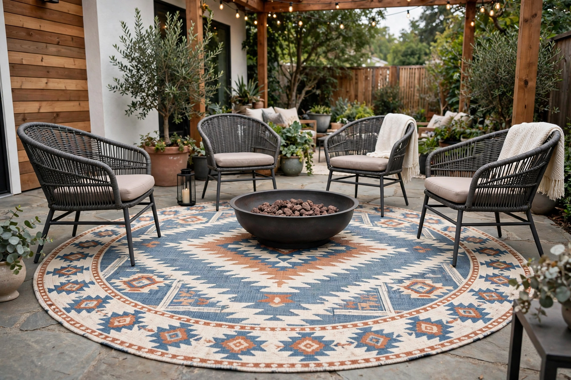 Patterned round outdoor rug under fire pit chairs on a patio