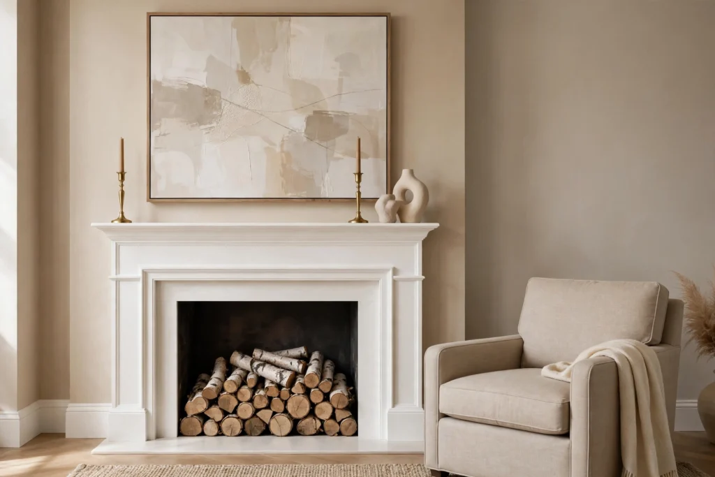 Classic white fireplace mantel styled with modern abstract art and birch logs