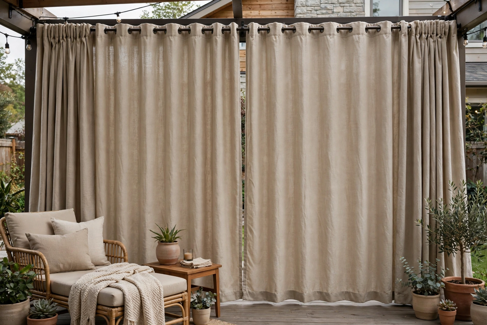 Opaque outdoor curtains closed for privacy on a suburban backyard patio