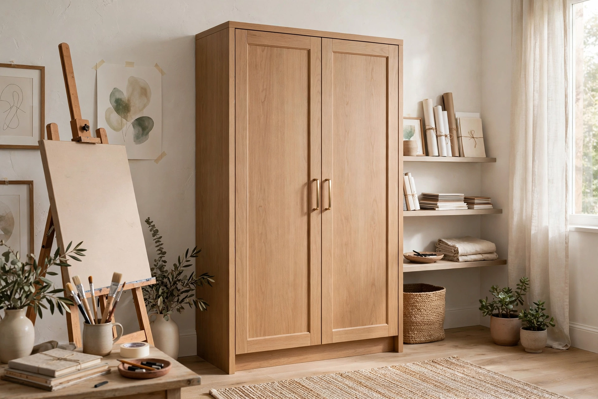 Closed cabinet storing art supplies keeping a studio visually calm