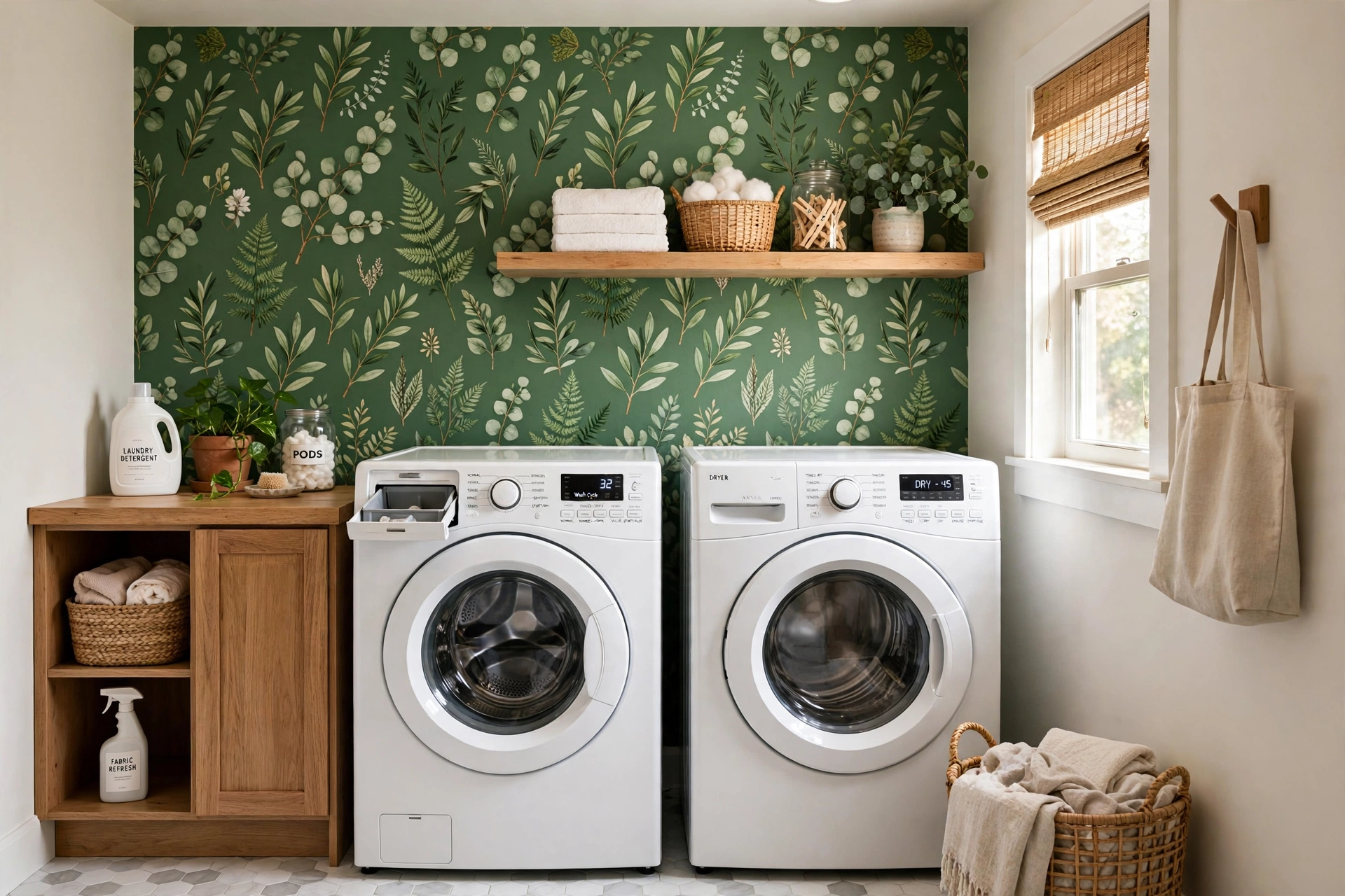 Botanical wallpaper accent wall brightening a small laundry room