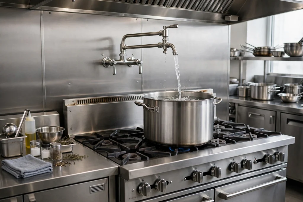 Heavy-duty commercial-style pot filler filling a large stockpot on a pro range