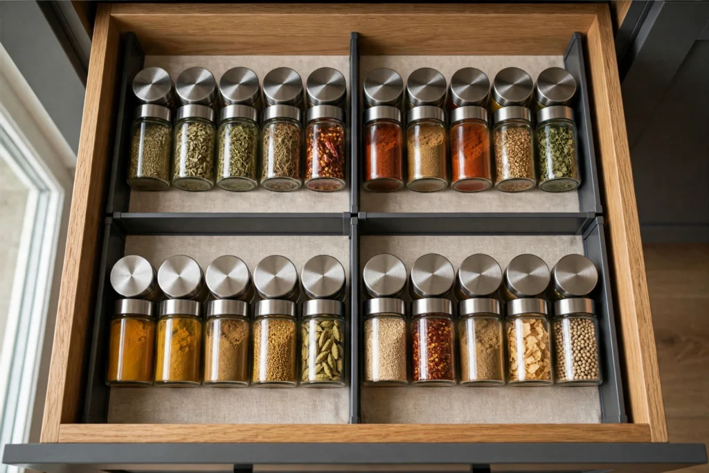 Kitchen drawer with adjustable dividers organizing spice jars by cuisine