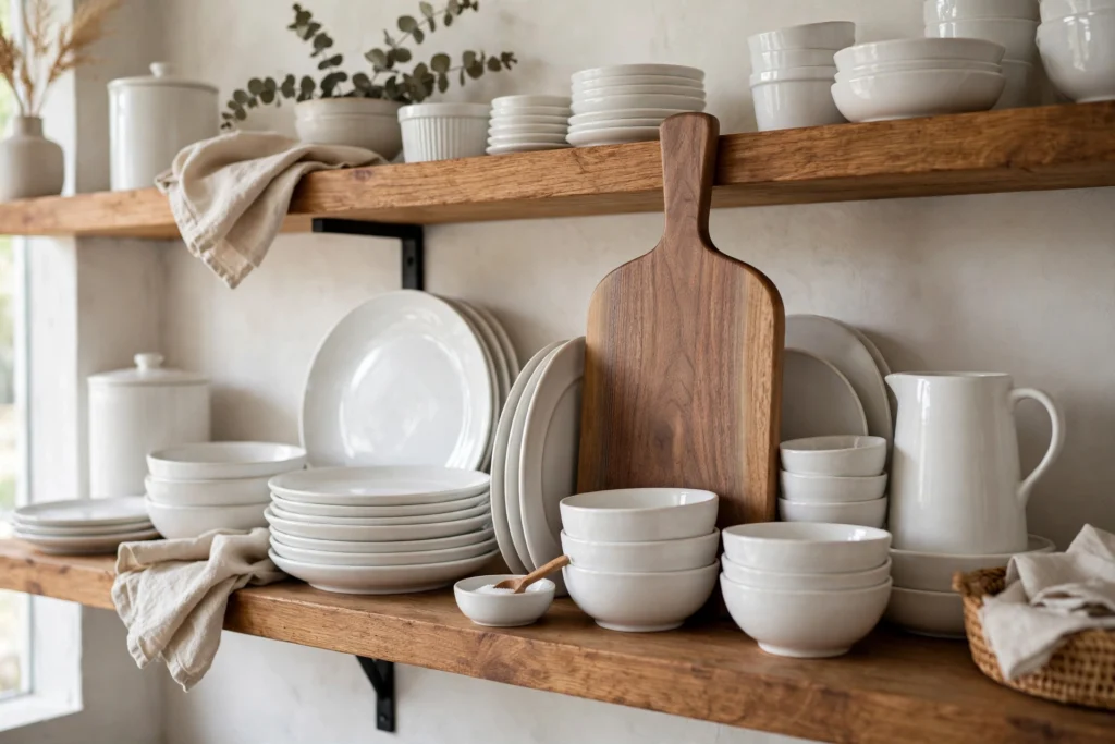 Wooden paddle board tucked upright among dishes on open kitchen shelves