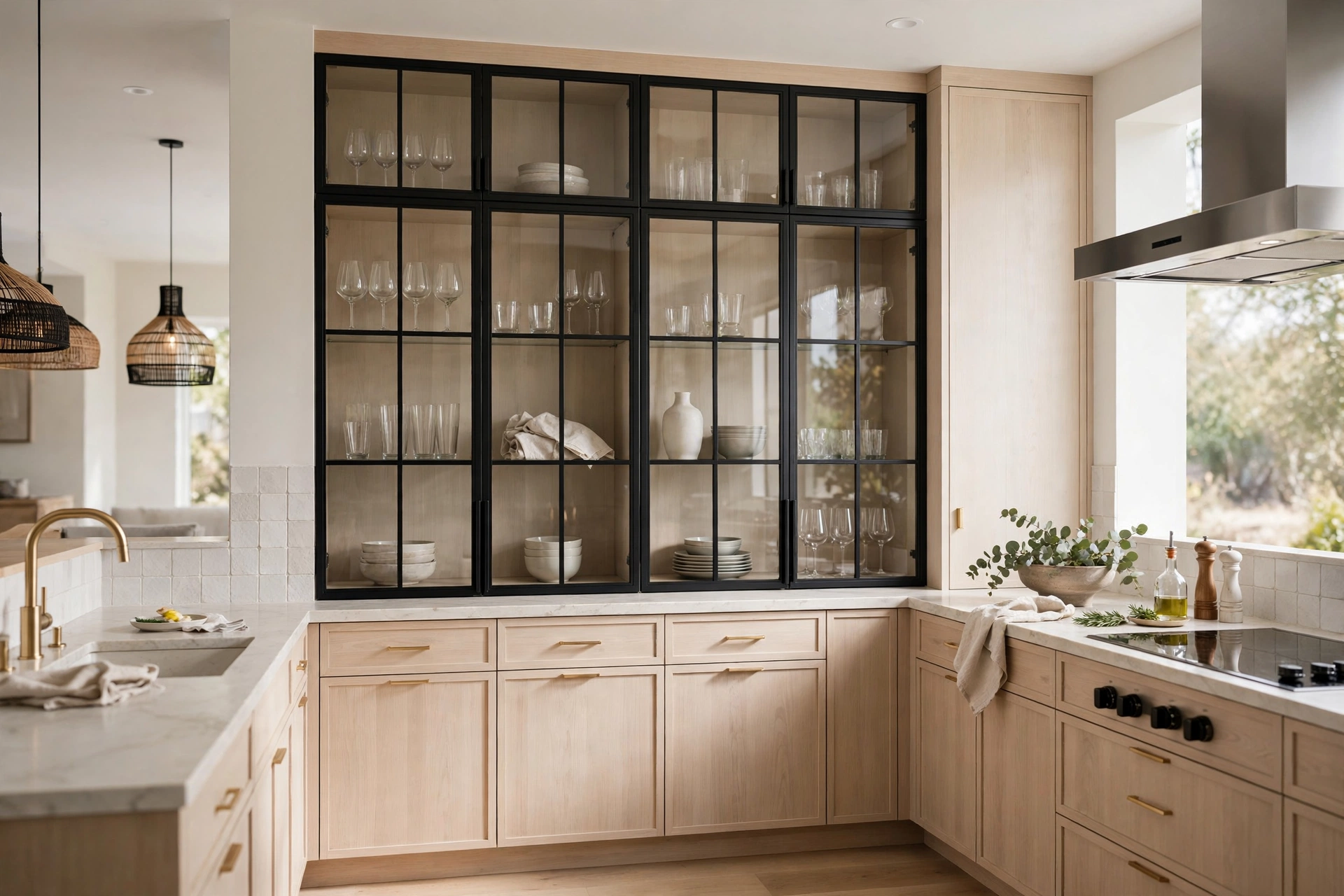 Black metal-framed glass cabinet doors contrasting with light kitchen cabinetry