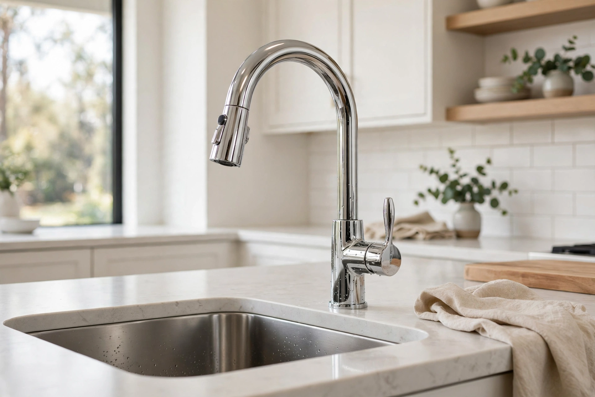Polished chrome faucet with mirror shine above an undermount kitchen sink