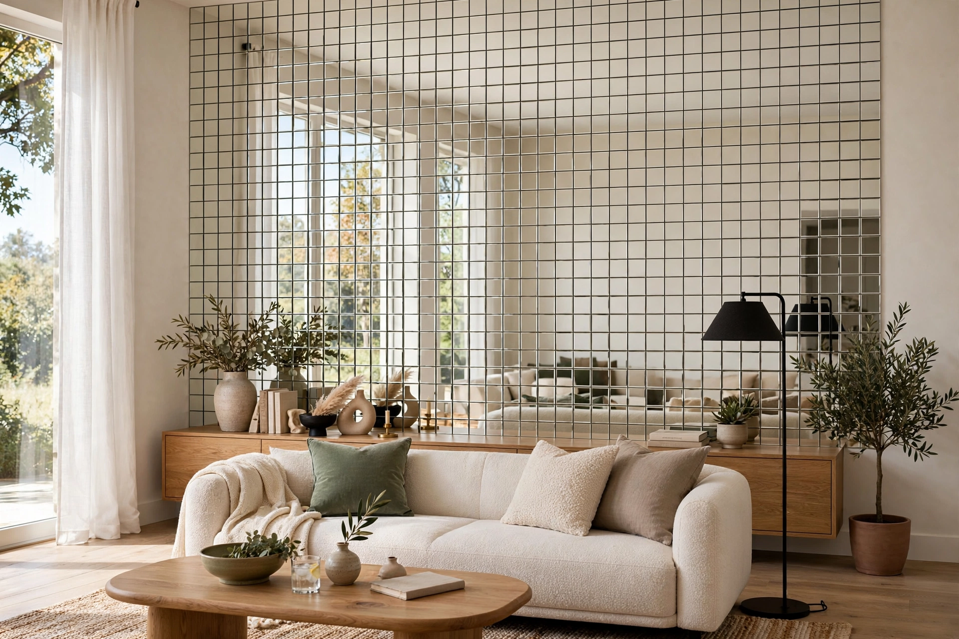 Four floor cushions arranged around low rectangular coffee table