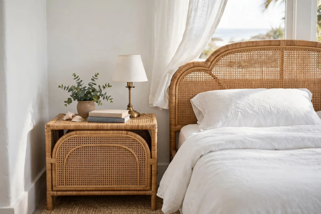 Wicker nightstand with woven cane front beside a bed in a coastal bedroom