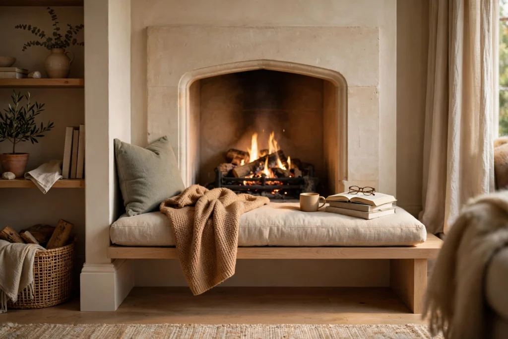 Slim bench with cushion fitted into cozy fireplace nook