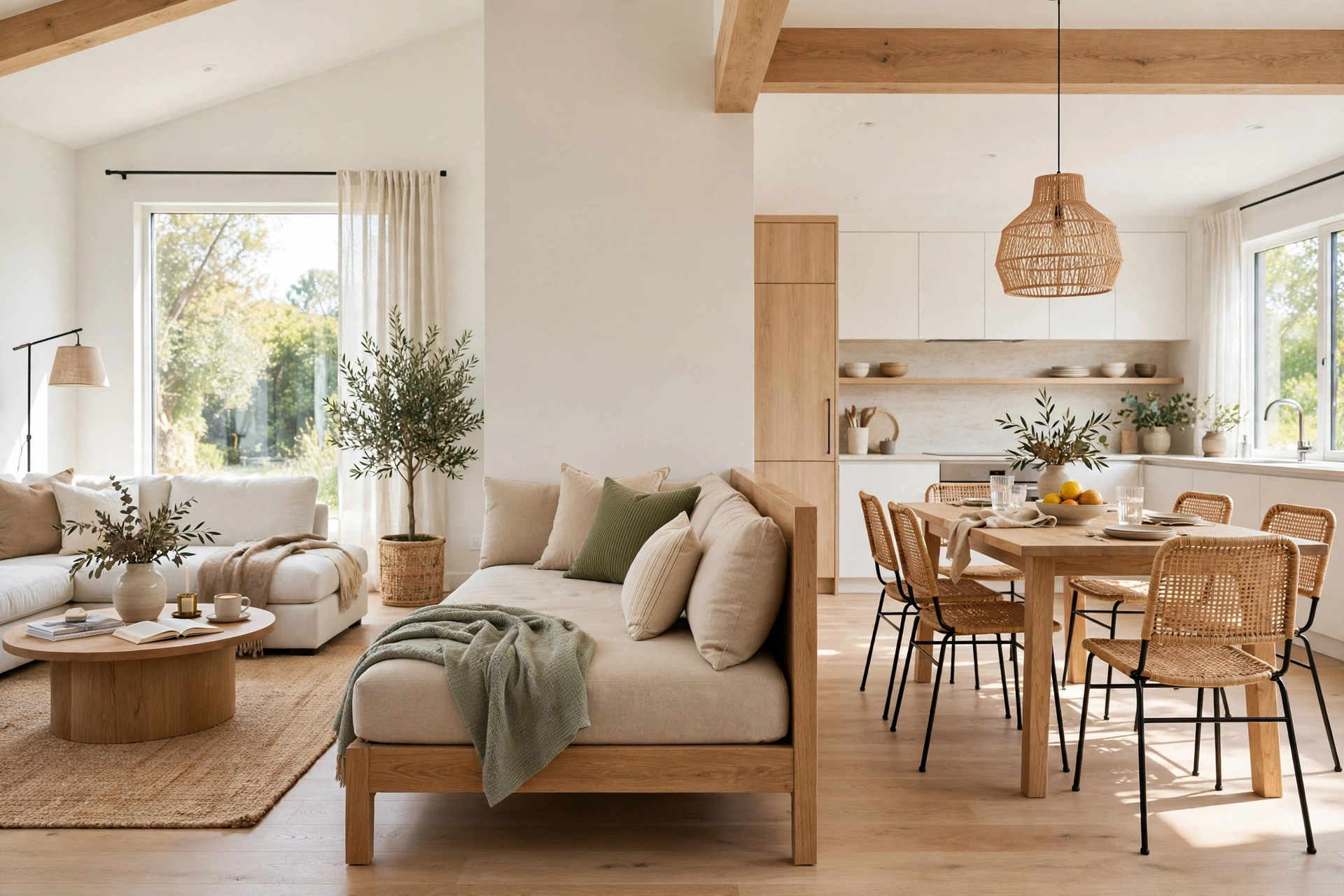 Daybed placed perpendicular dividing open plan living and dining areas