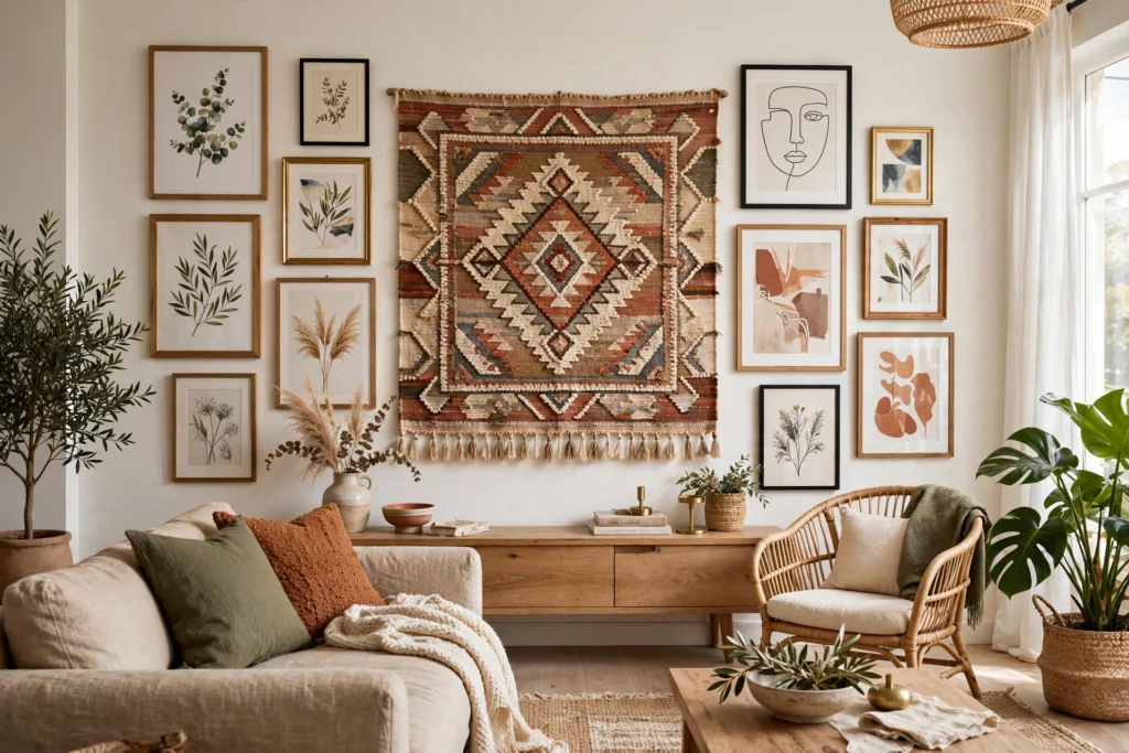 Gallery wall mixing framed prints with central woven tapestry