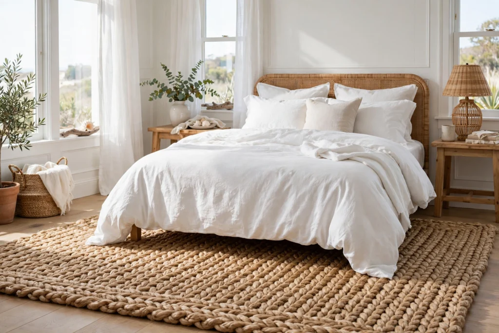 Chunky natural jute rug paired with crisp white bedding in a coastal bedroom