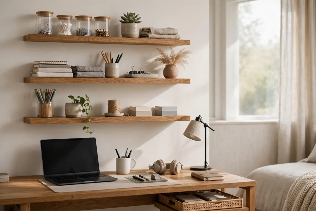 Floating shelves with organized supplies above a bedroom desk setup