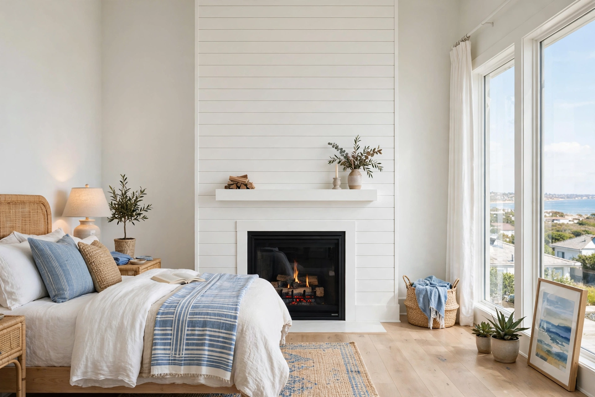Dark charcoal wainscoting creating an intimate moody bedroom retreat