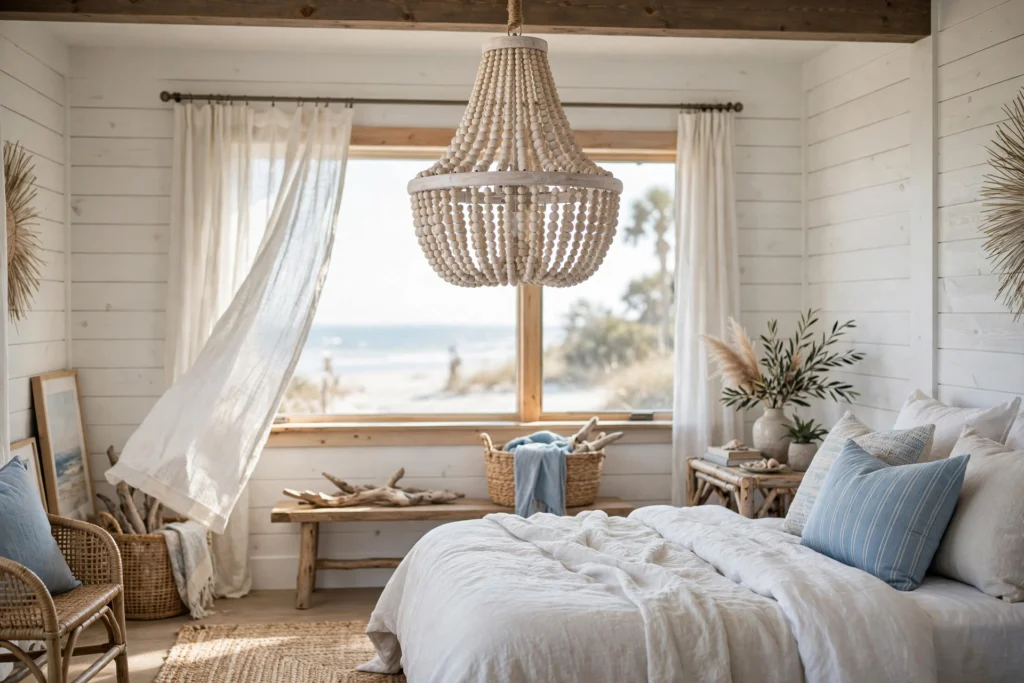 Whitewashed wooden beaded chandelier in a relaxed coastal bedroom