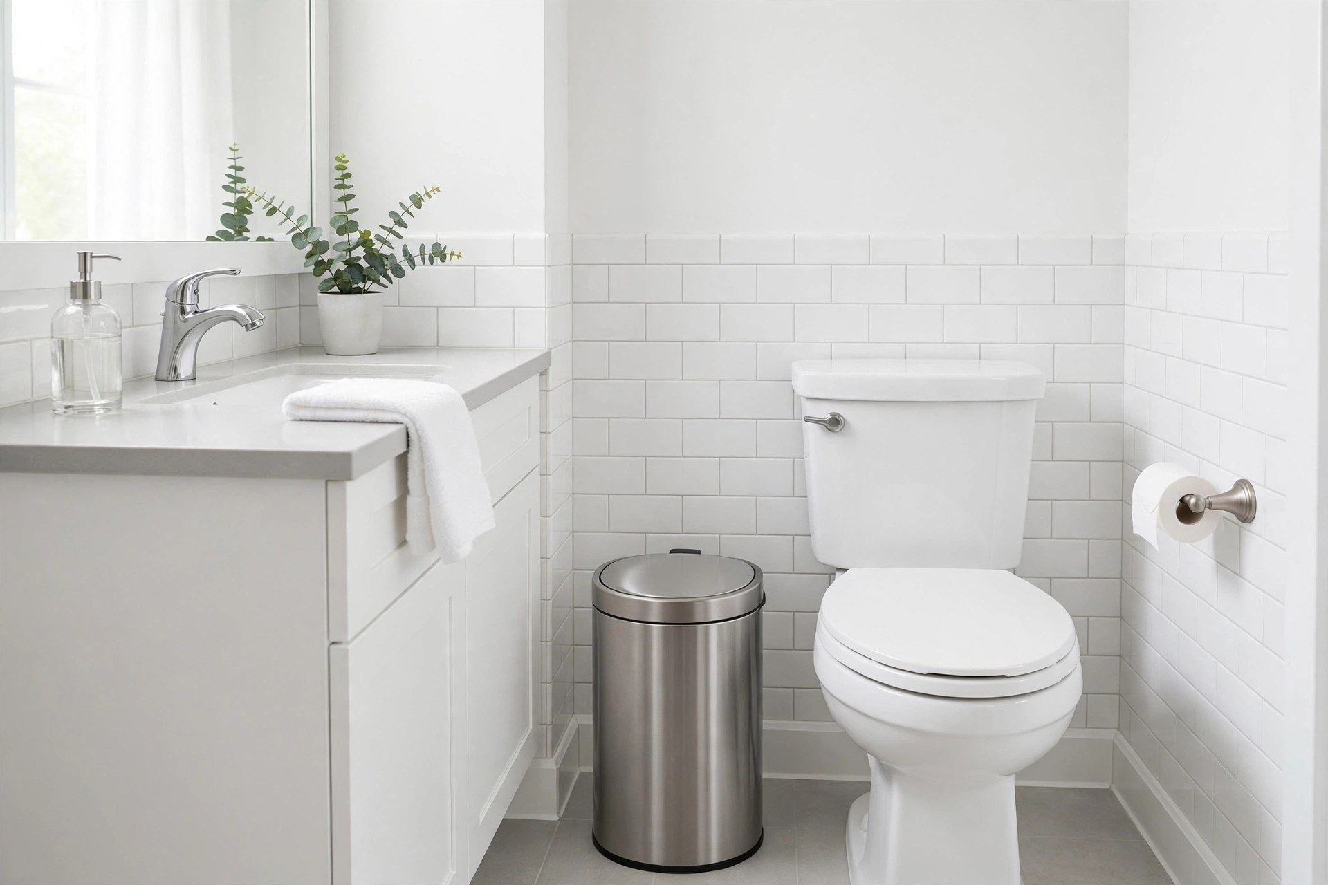 Lidded swing-top bathroom garbage can keeping odors contained beside the toilet