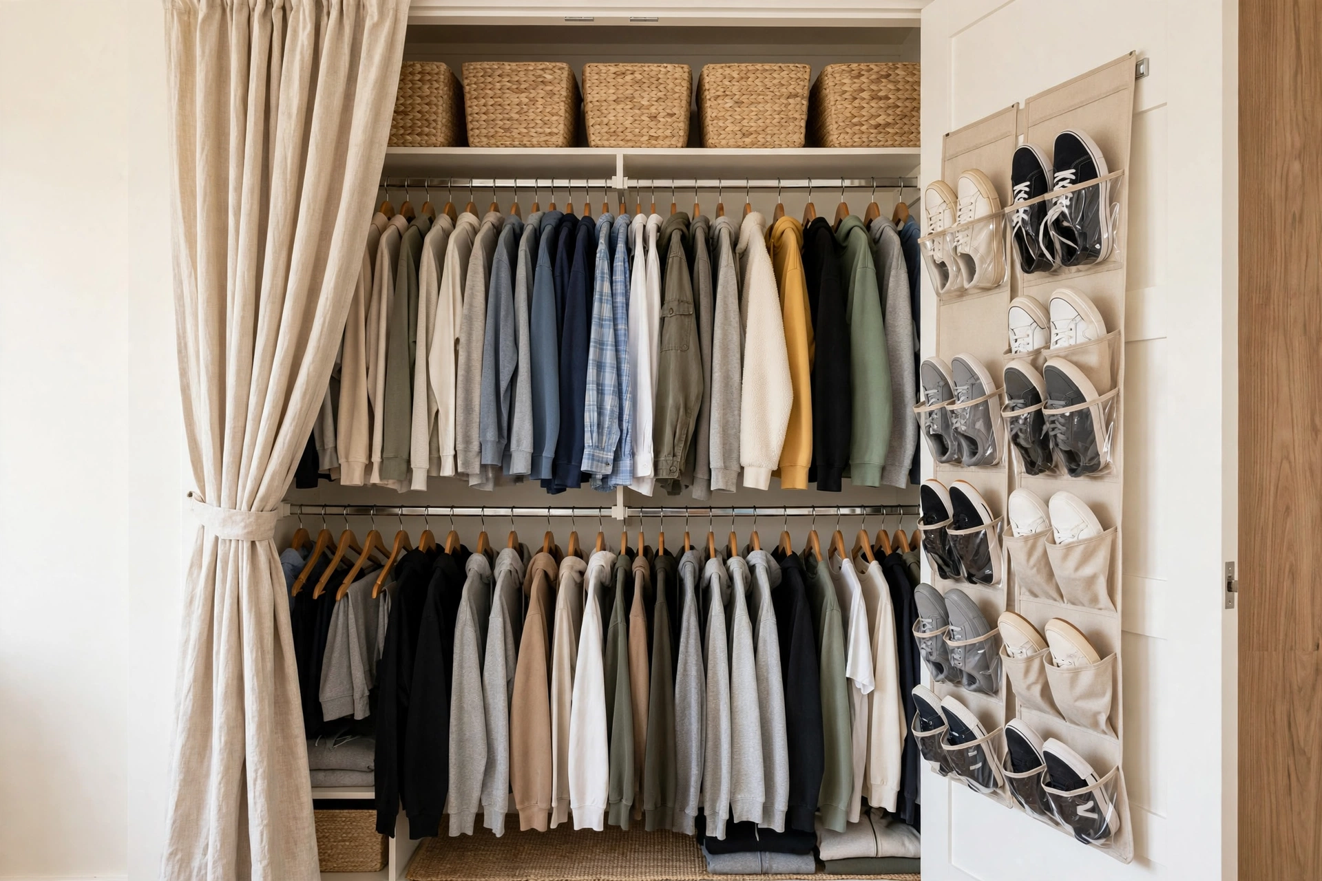 Organized teen closet with double hanging rods, shoe organizer and baskets behind a linen curtain