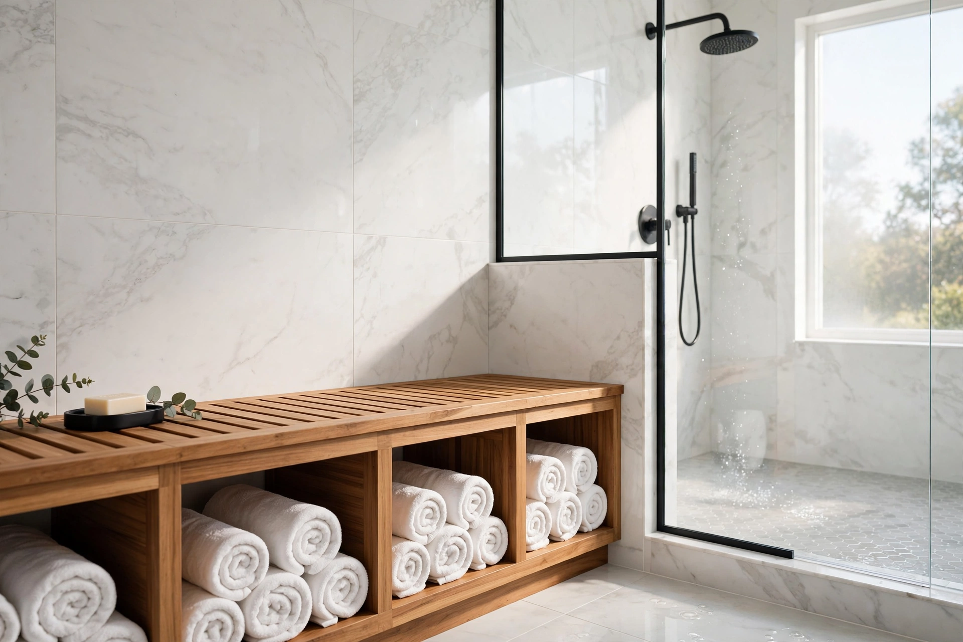 Shower bench with open towel cubbies built underneath the seat