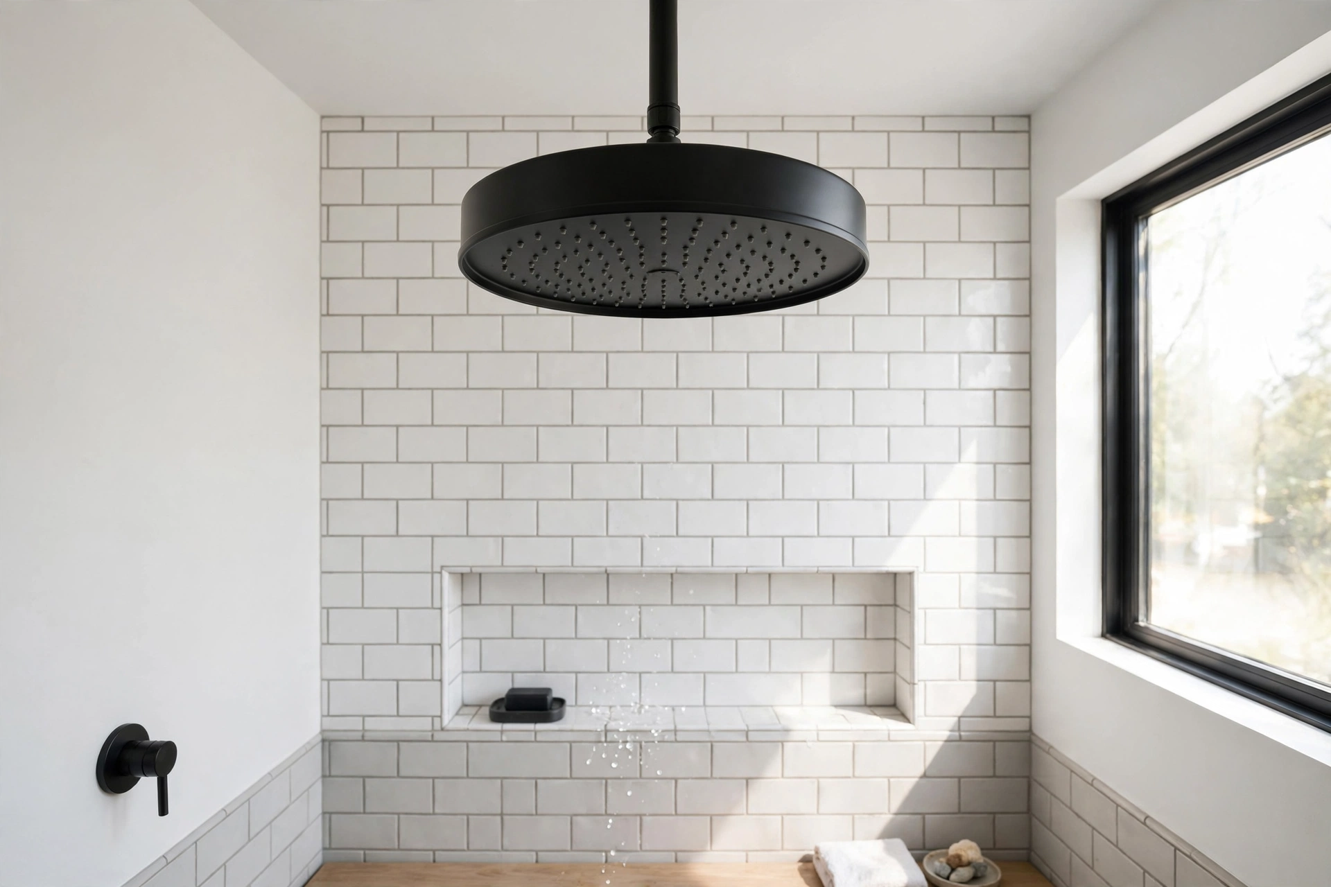 Matte black rainfall shower head contrasting with white bathroom tile