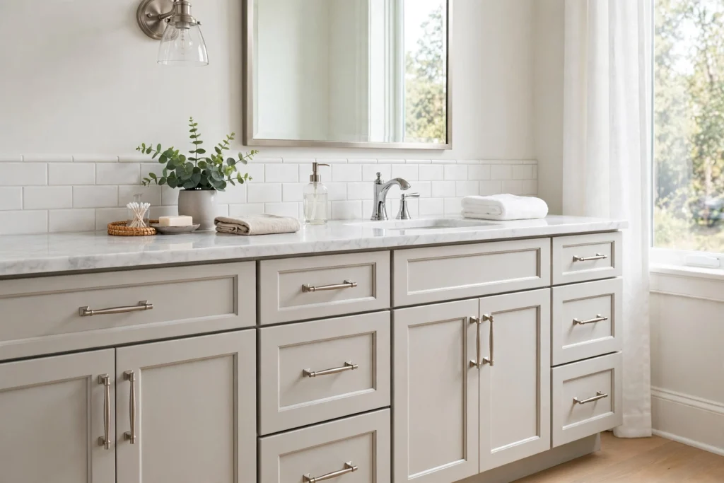 Brushed nickel pulls on a transitional bathroom vanity beside a chrome faucet