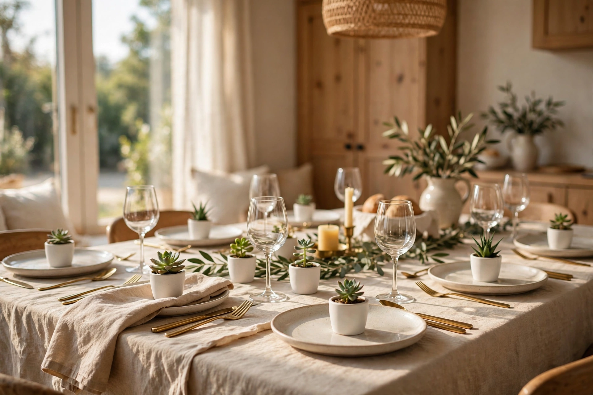 Tiny succulents in white mini pots used as place settings on a dinner party table