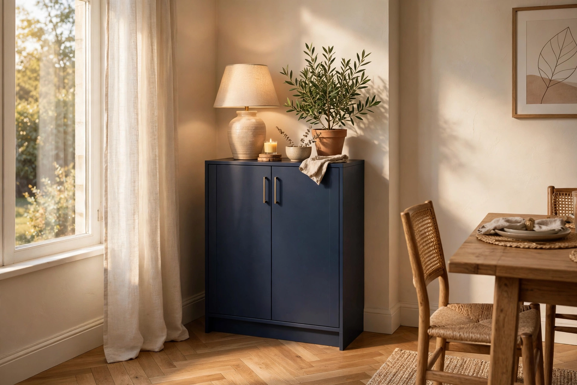 Slim navy accent cabinet with a lamp and plant styled in a dining room corner