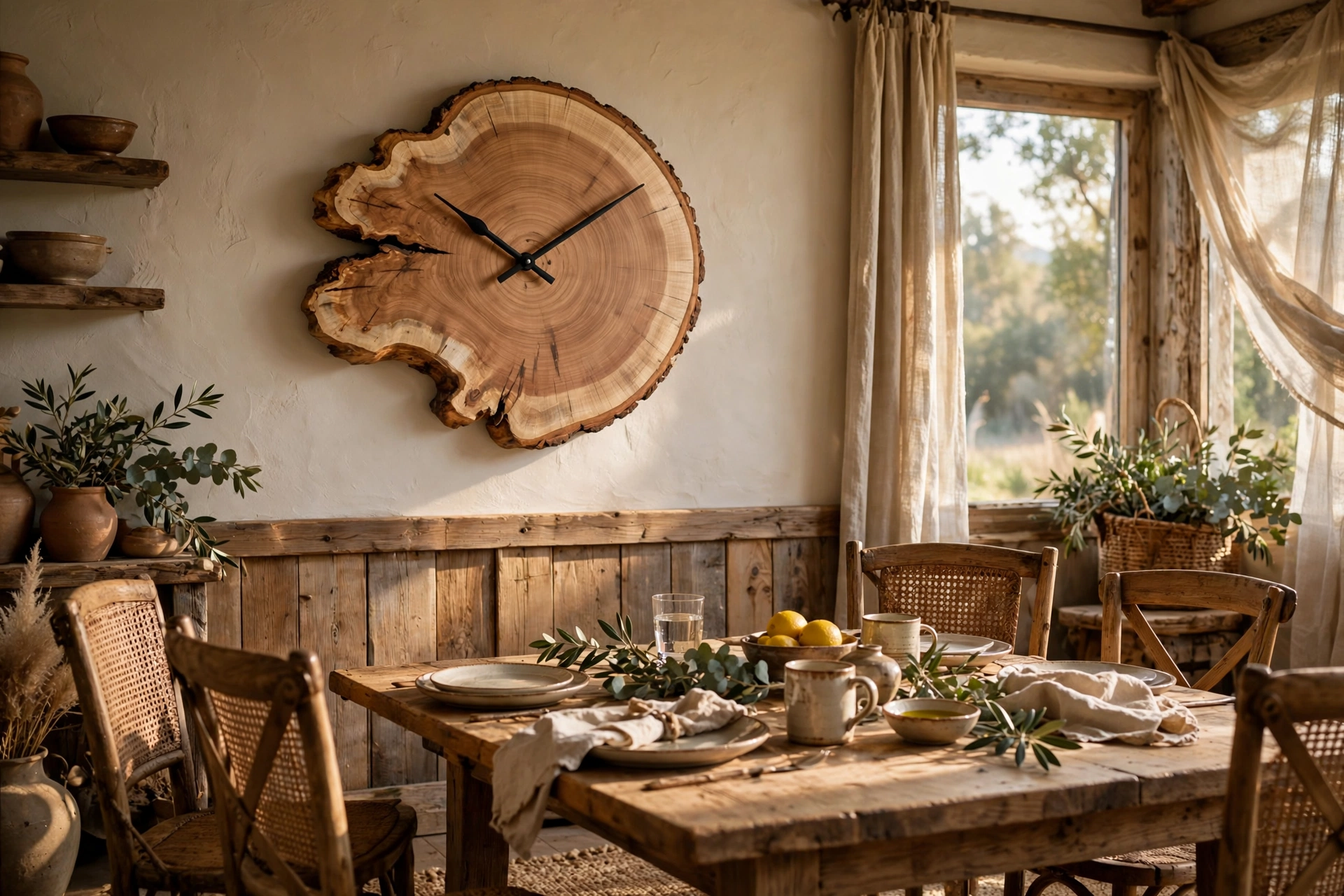 Round clock with a natural live-edge wood face in a rustic dining room