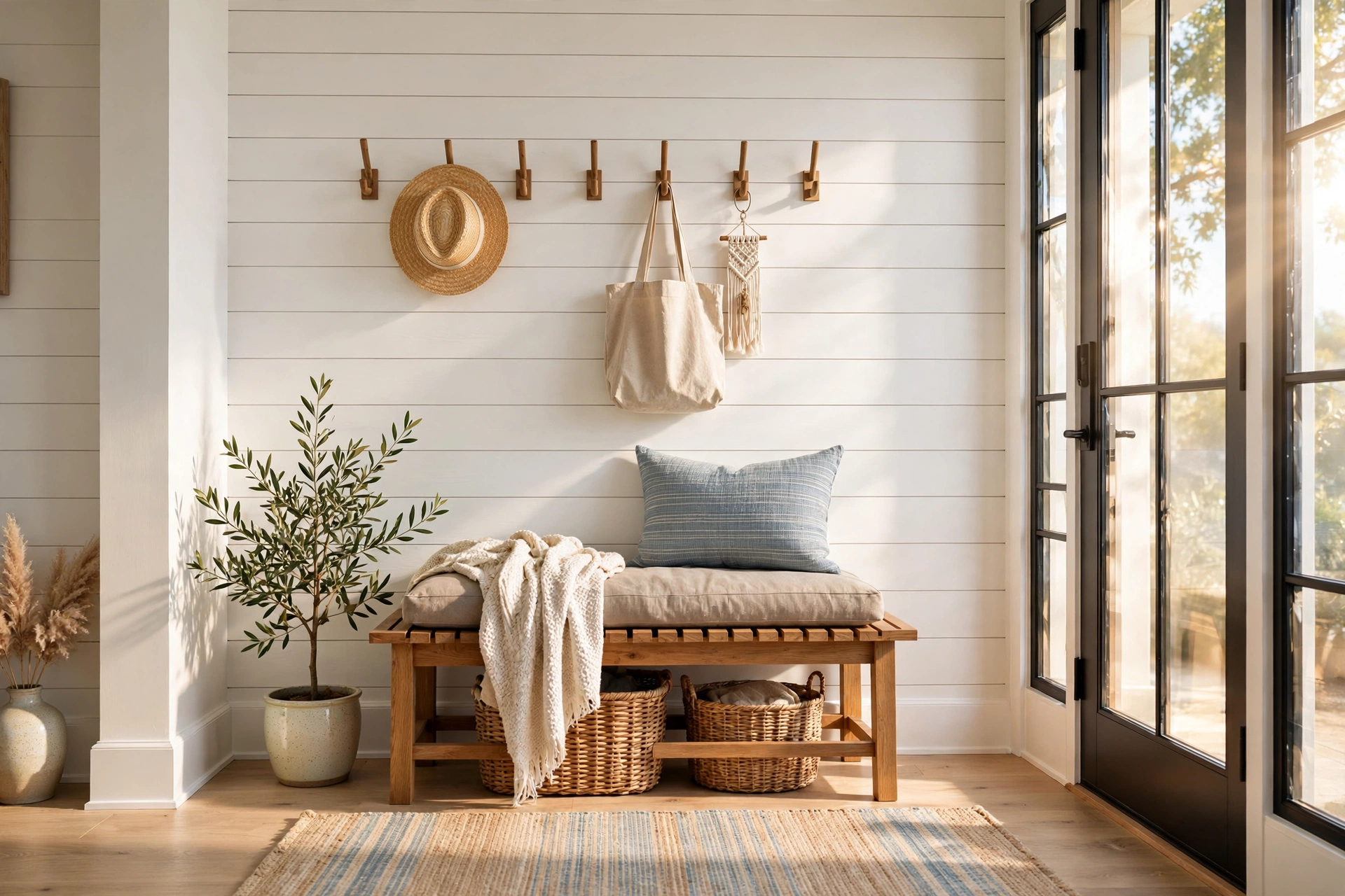 White shiplap accent wall in a coastal entryway with a wooden bench