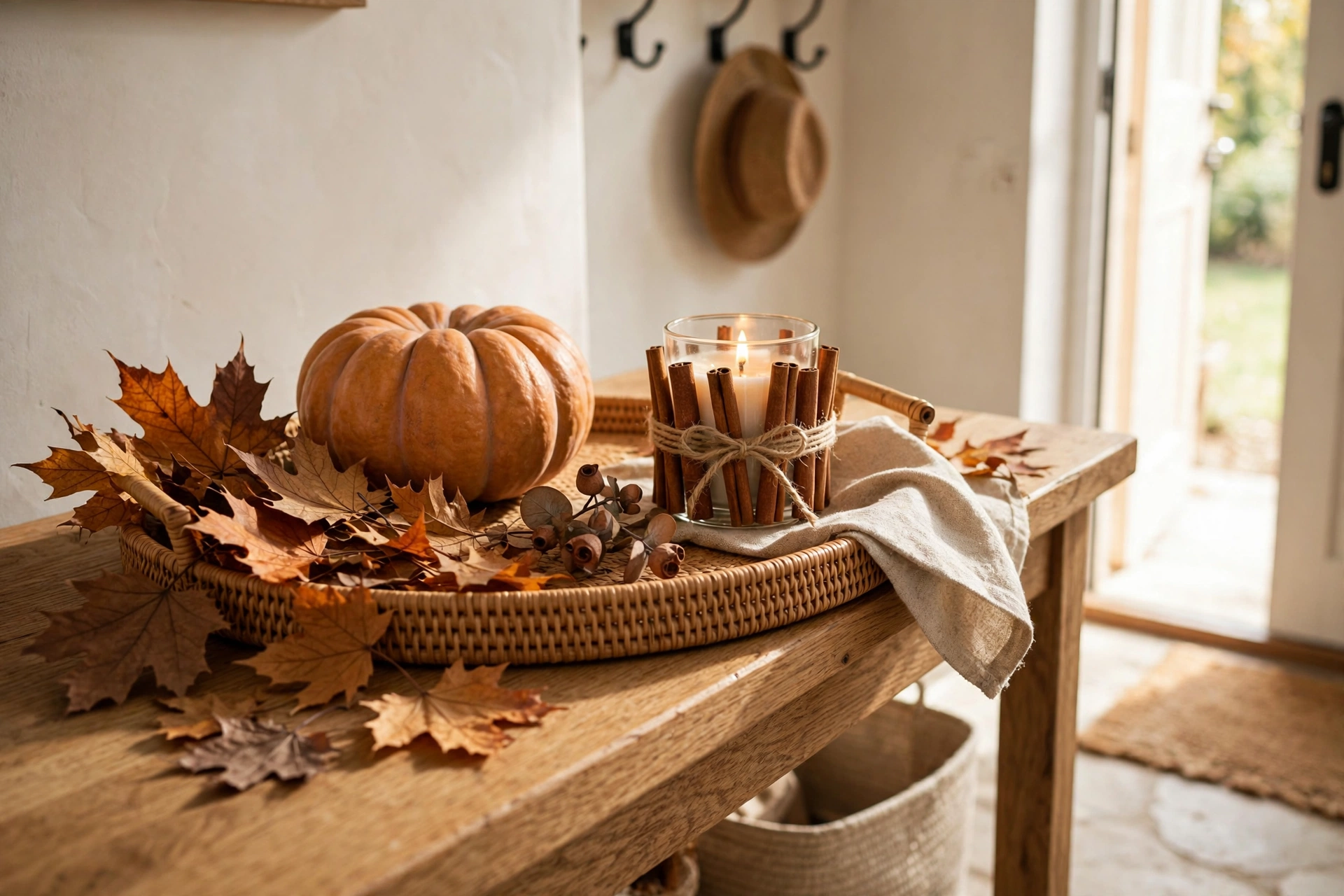 Entryway tray styled for fall with a mini pumpkin, dried leaves, and cinnamon candle
