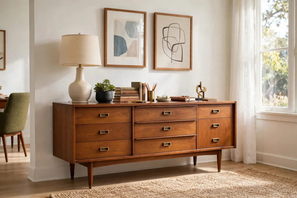 Mid-century file credenza styled with lamp and art in a home office