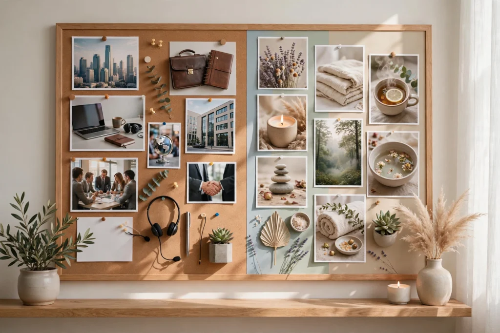 Wellness vision hybrid board split between career goals and calming self-care imagery in soft colors