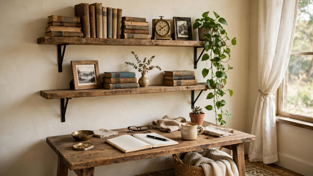 Open wooden shelves with black iron brackets in a farmhouse office