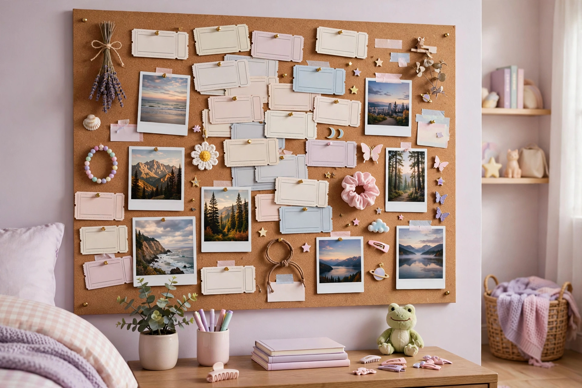 Cork pin board covered with concert tickets, photos, and keepsakes in a tween room