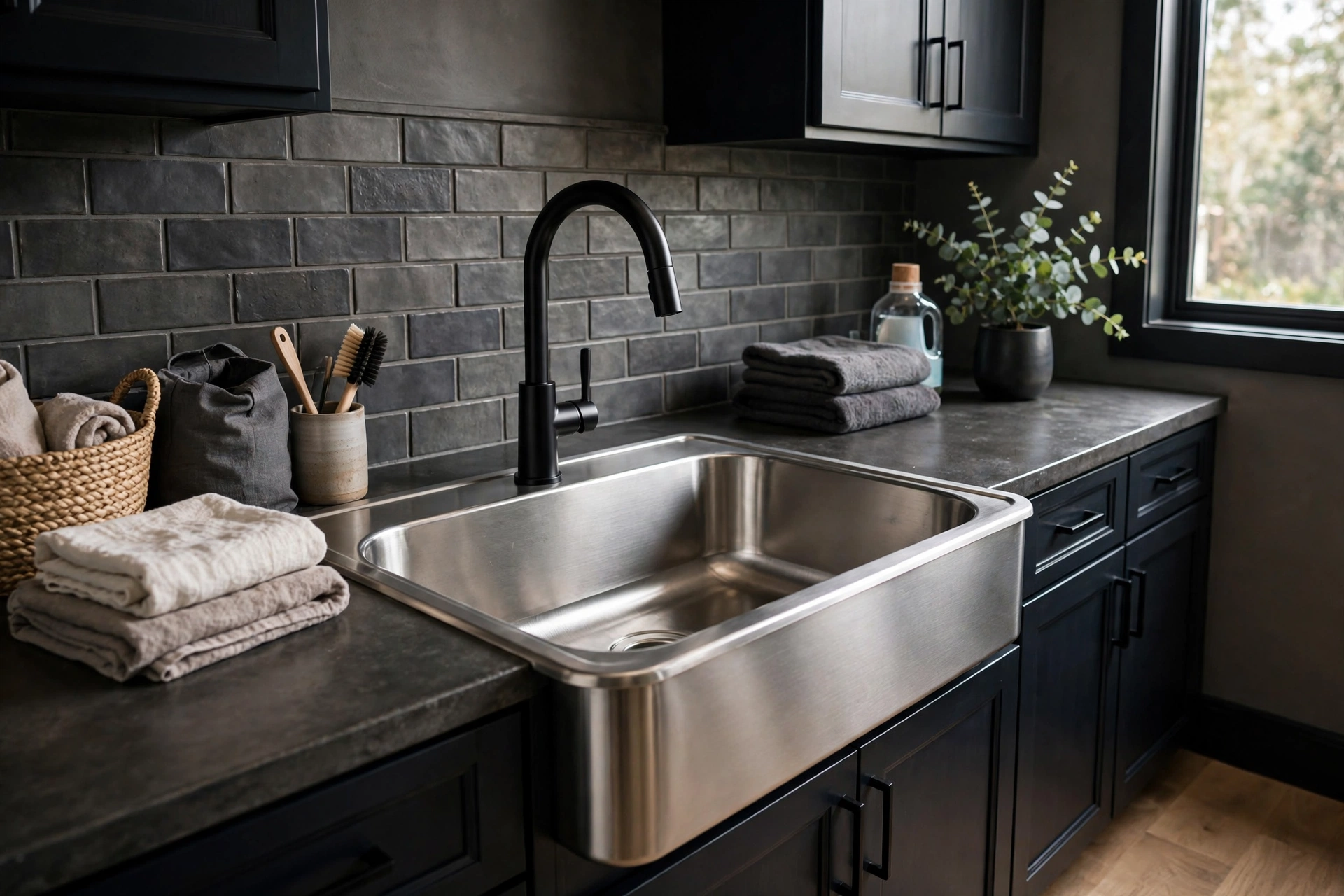 Matte black single-handle faucet paired with a stainless laundry sink and dark cabinets