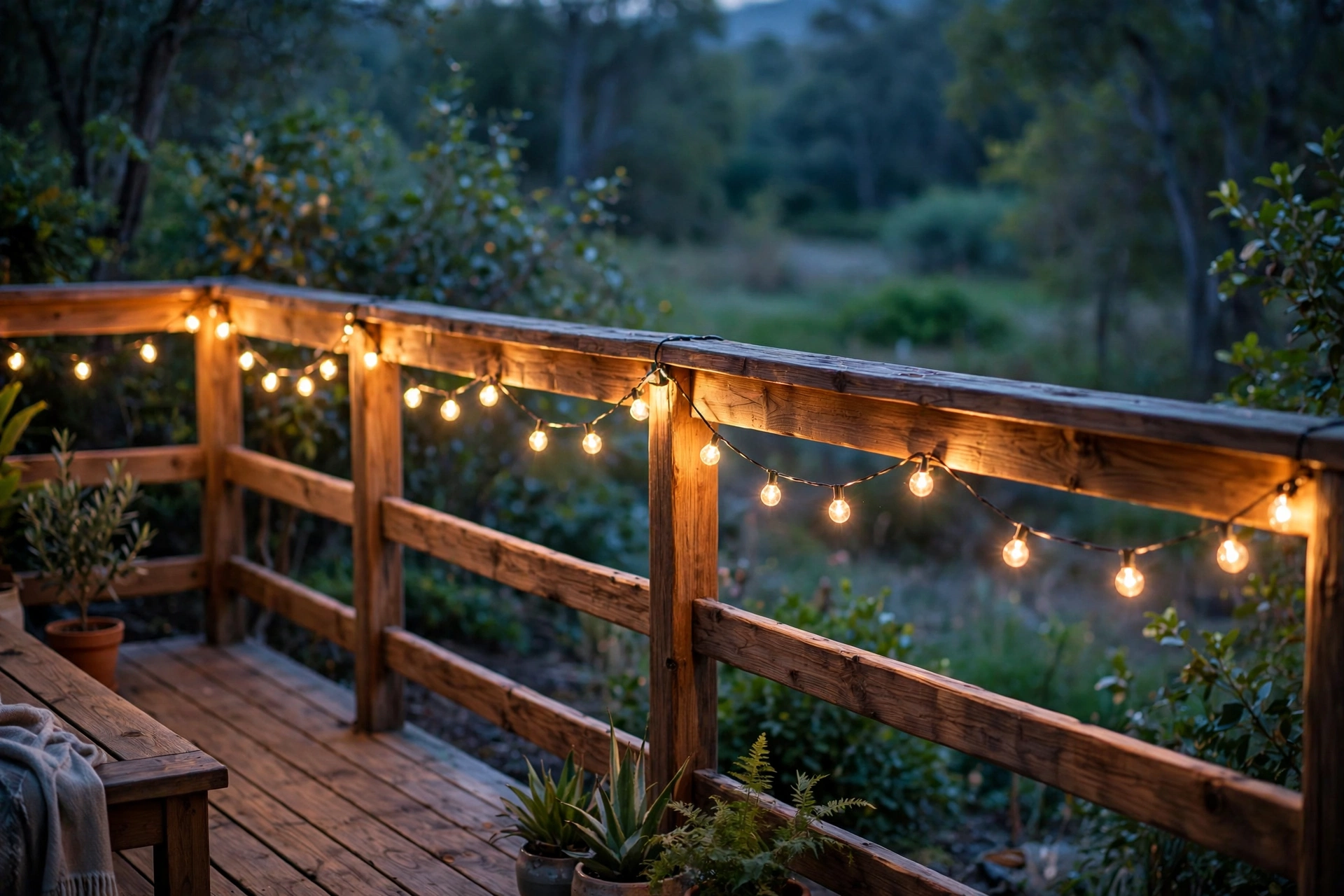 String lights running along wooden deck rails with evening glow