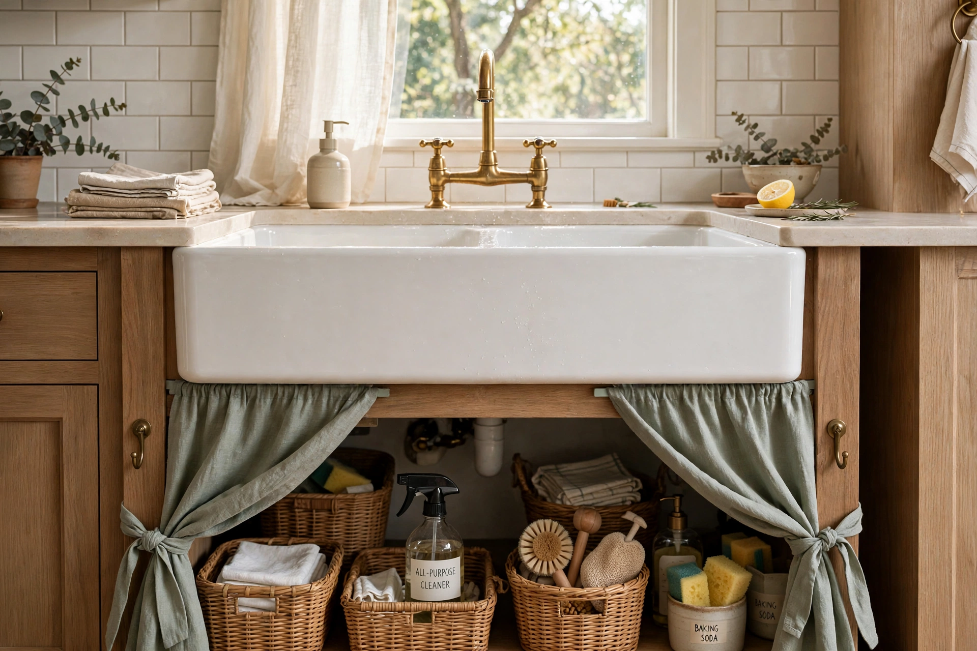 Sink skirt styled with fabric tie-backs for easy access to under-sink storage