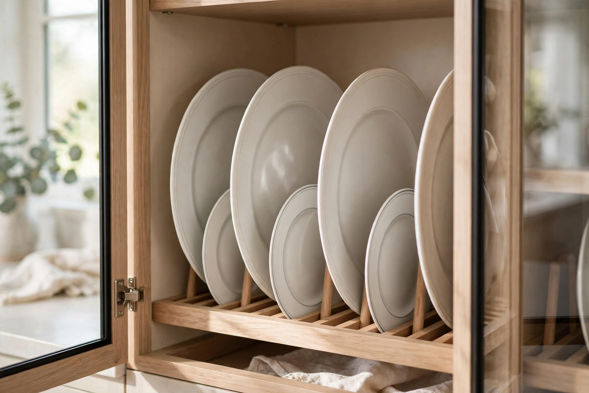 Plate grooves inside a glass-front kitchen cabinet displaying upright dishes dust-free