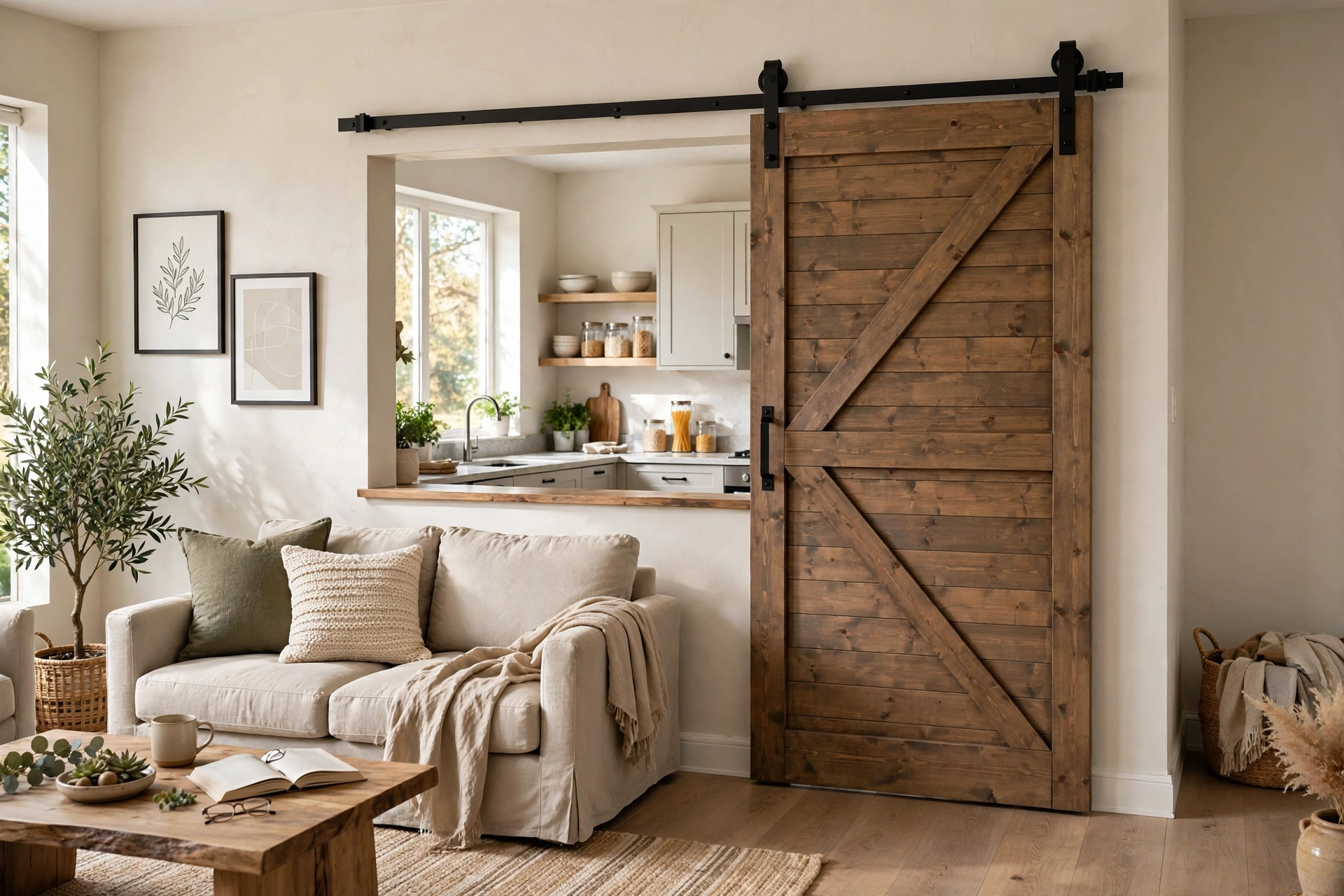Sliding barn door mounted over a wide kitchen pass-through on the living room side