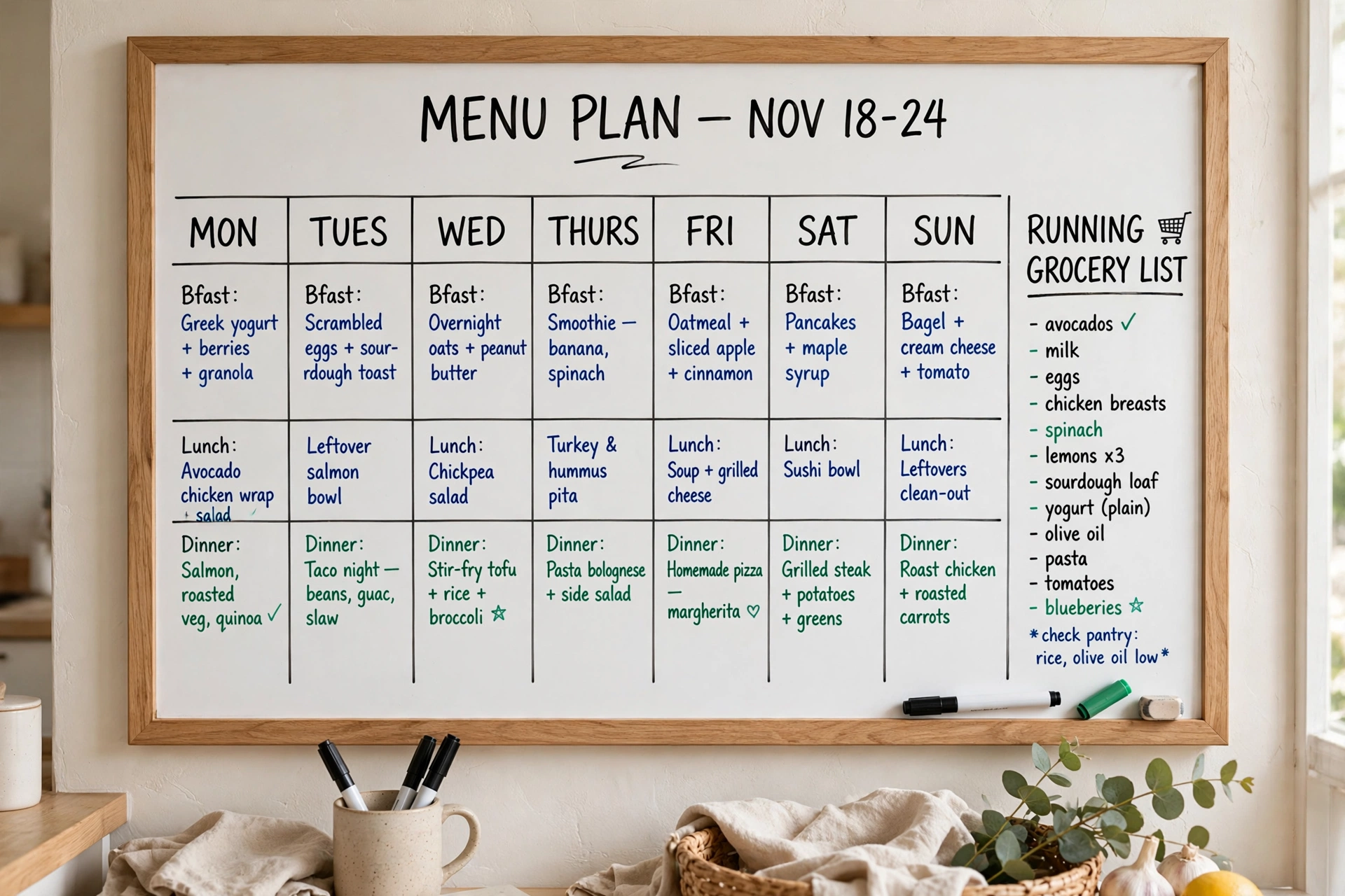 Menu planning whiteboard with a seven-day grid and running grocery list section