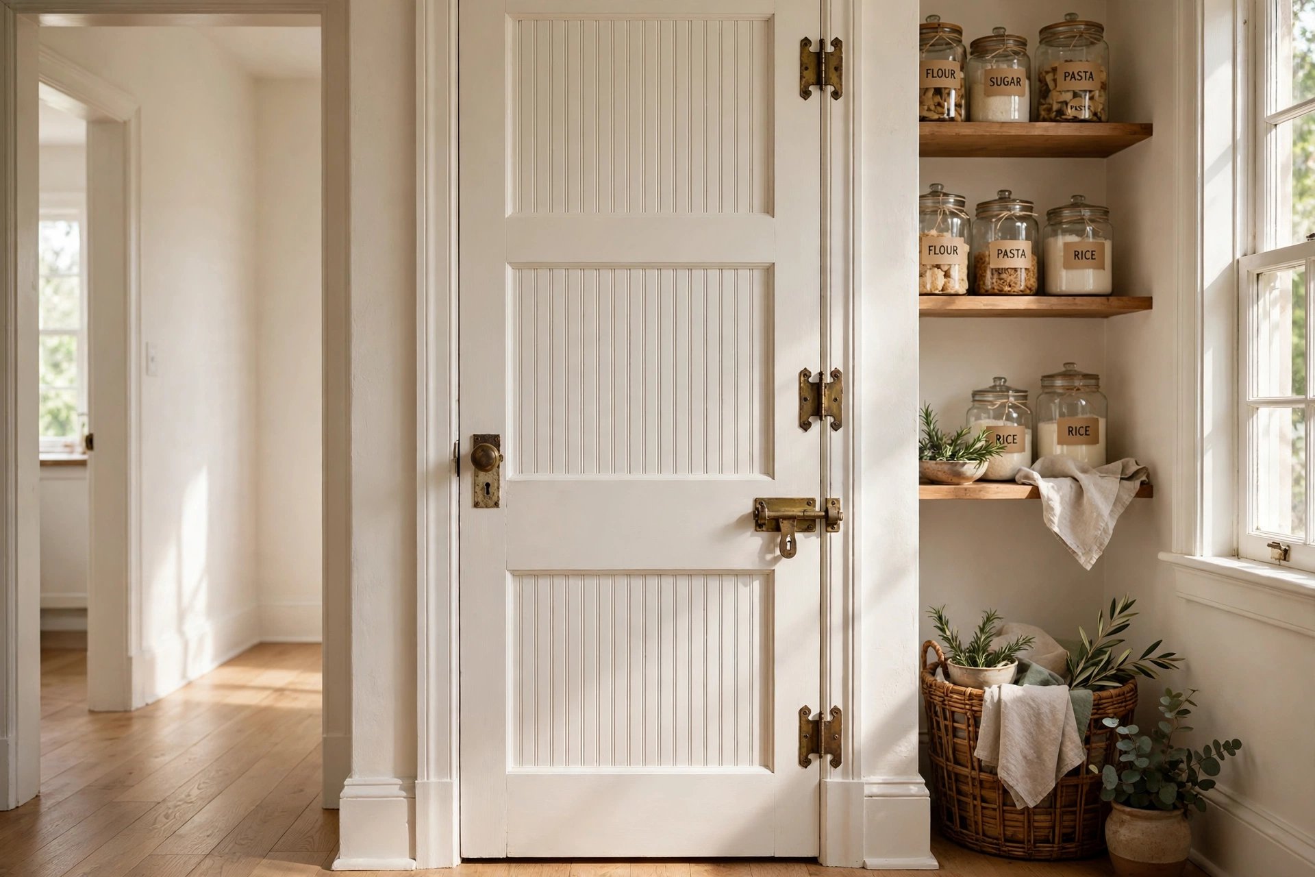 Plain pantry door transformed with beadboard panels and vintage-style hardware