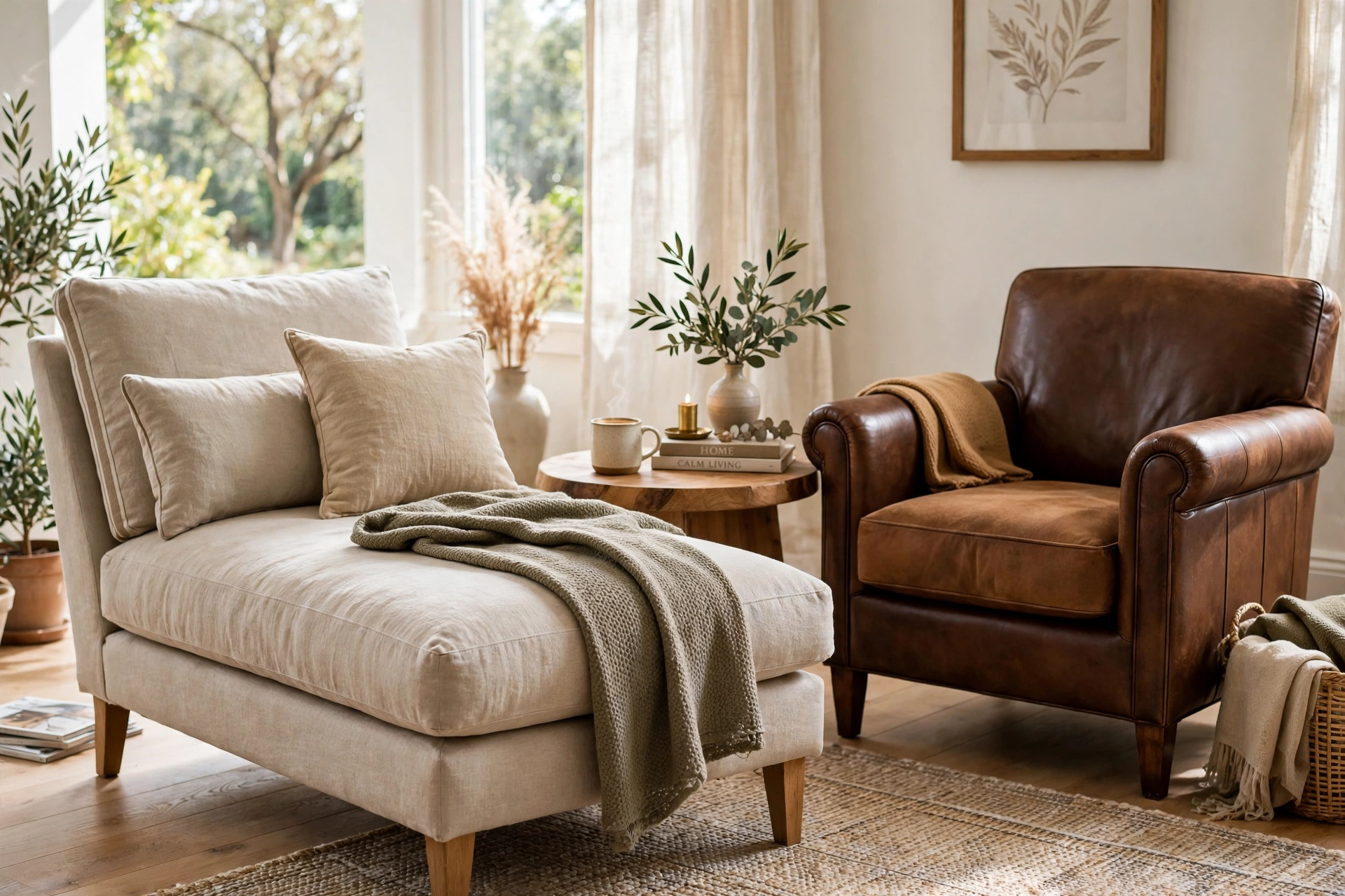 Linen chaise lounge angled toward a leather armchair around a side table