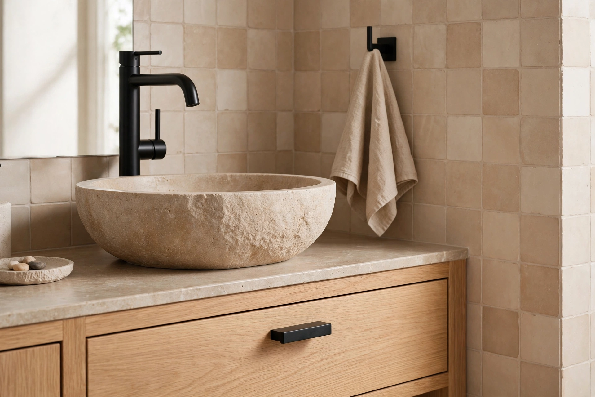 Matte black faucet and fixtures on a stone vessel sink vanity