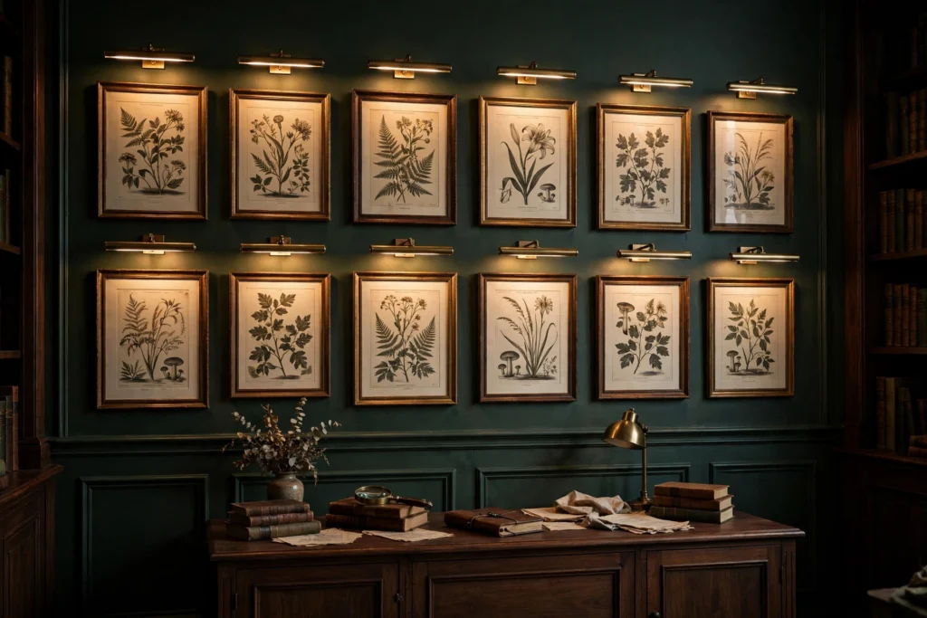 Brass picture lights illuminating framed vintage prints on a dark green study wall