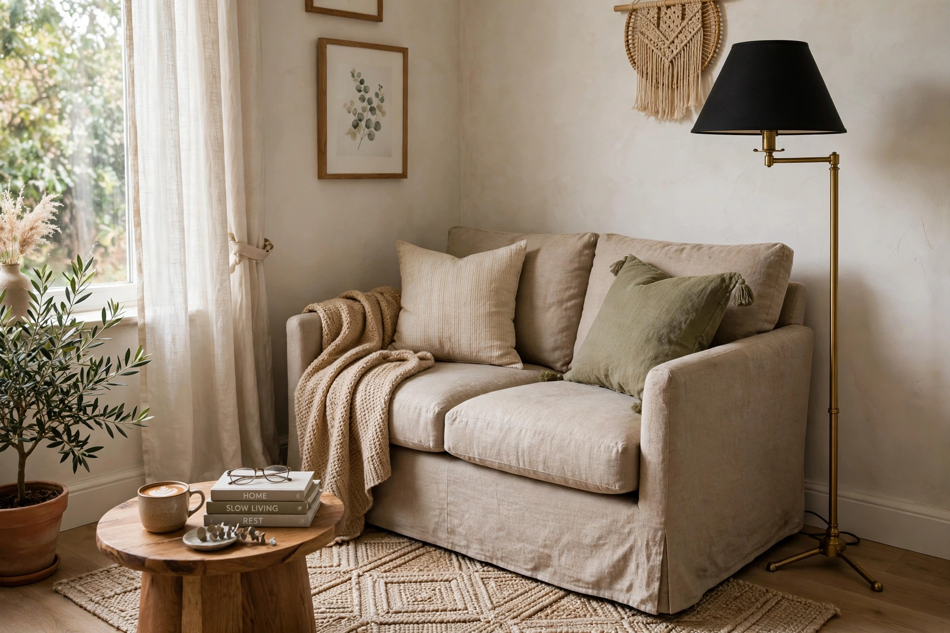 Loveseat angled into a corner with floor lamp forming a reading nook