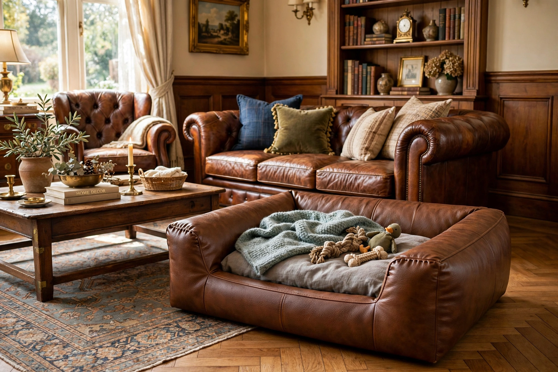 Faux leather dog bed complementing leather furniture in a traditional room