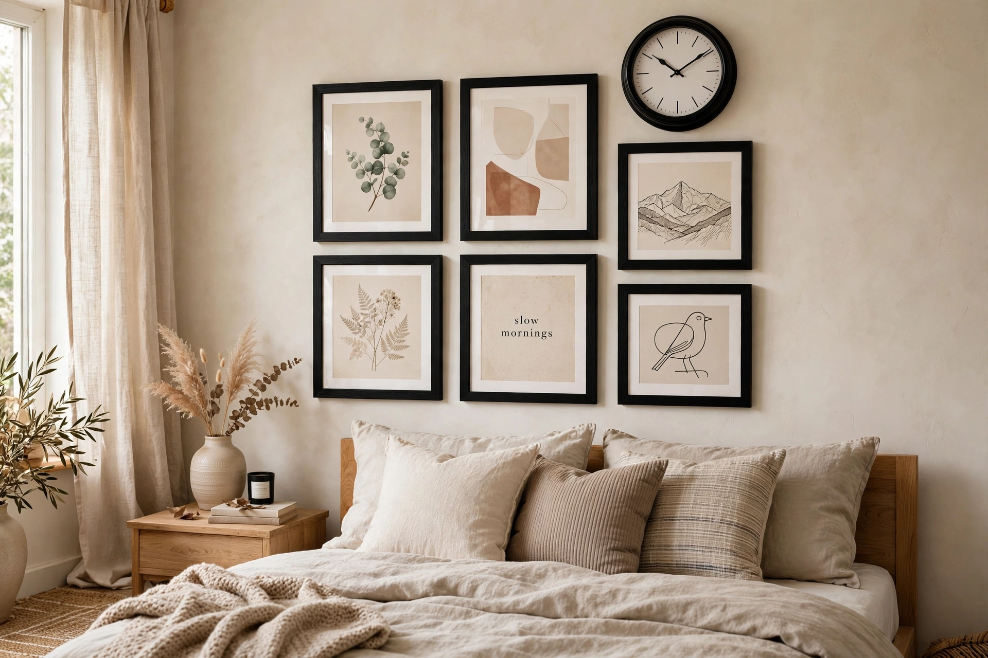 Bedroom gallery wall with framed prints and a matching black-framed wall clock