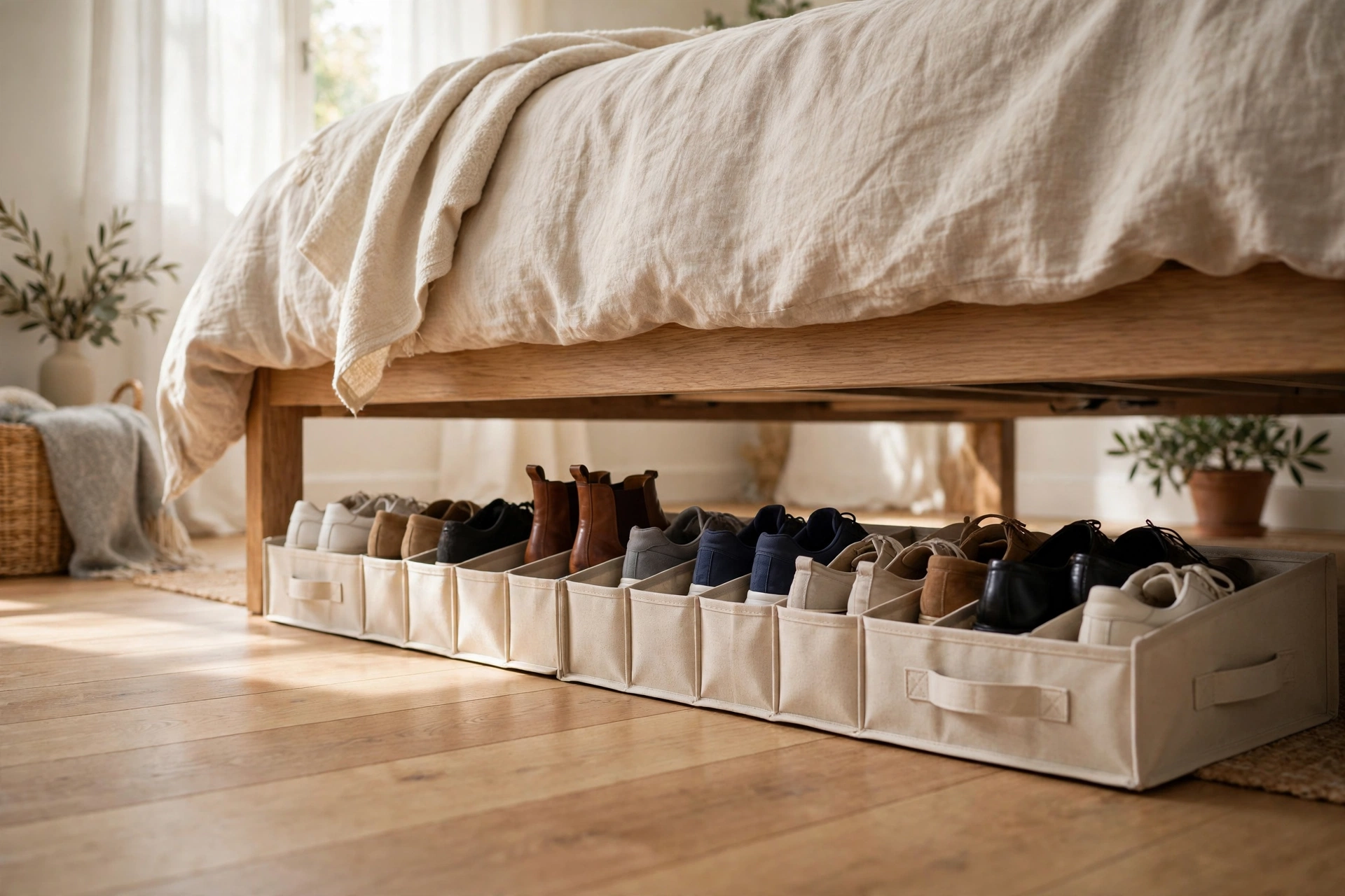 Slim shoe organizer with compartments lined up under the edge of a bed